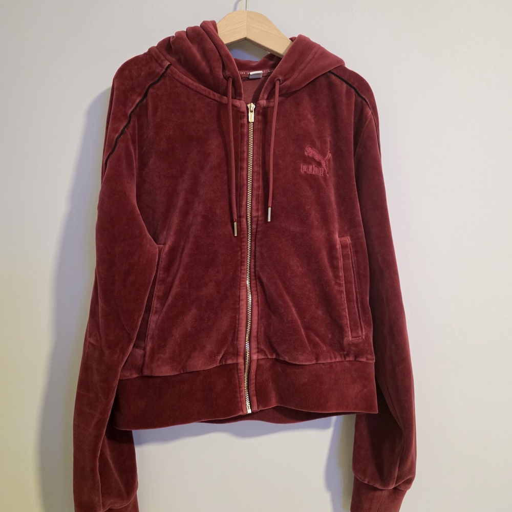 Puma Velour Zip Hoodie Burgundy Cropped XS Soft Velvet Zip-Up - Picture 3 of 13
